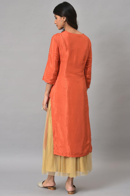 W for Woman Orange Embroidered Festive kurta With Golden Mesh Skirt