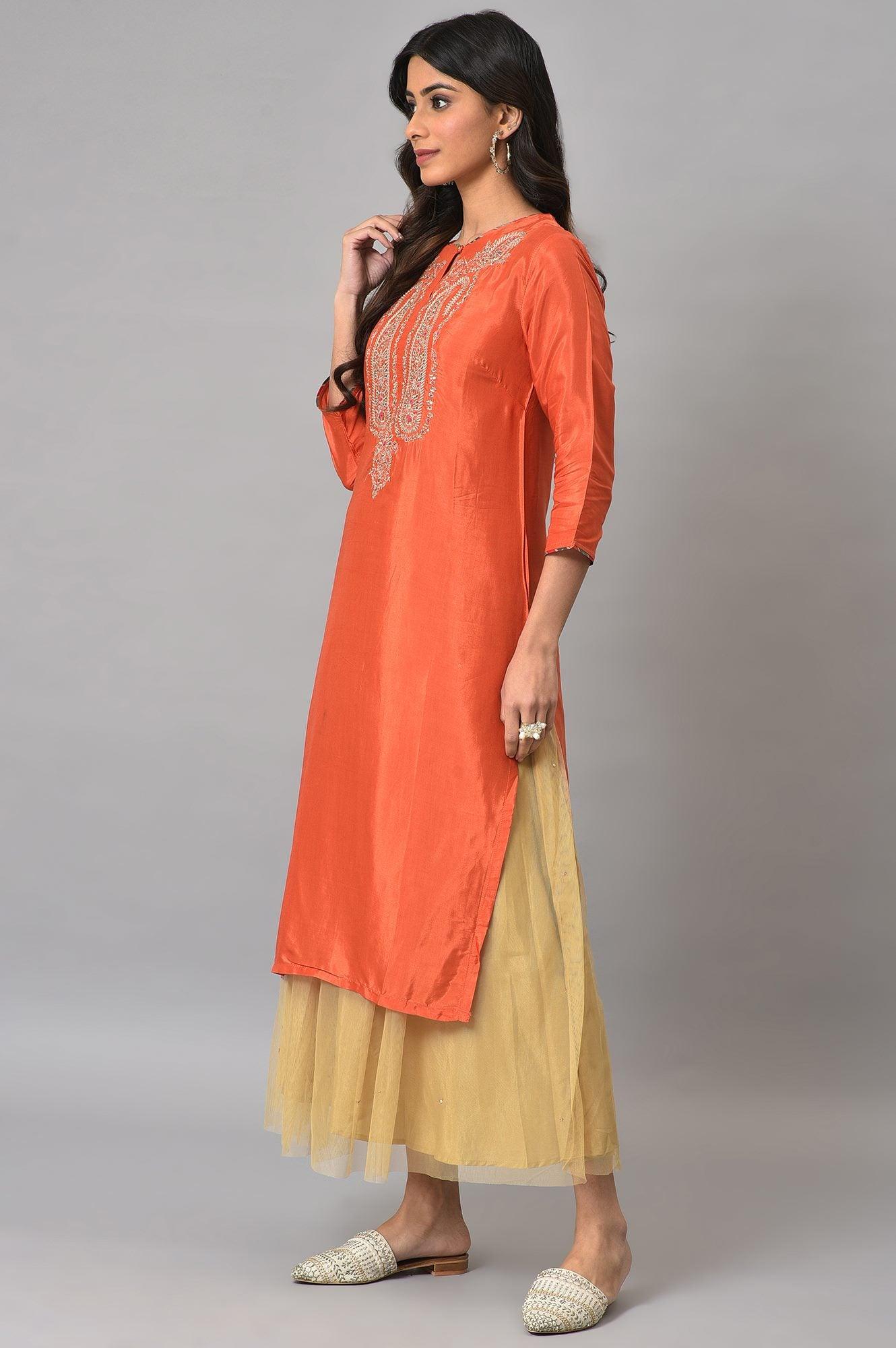 W for Woman Orange Embroidered Festive kurta With Golden Mesh Skirt