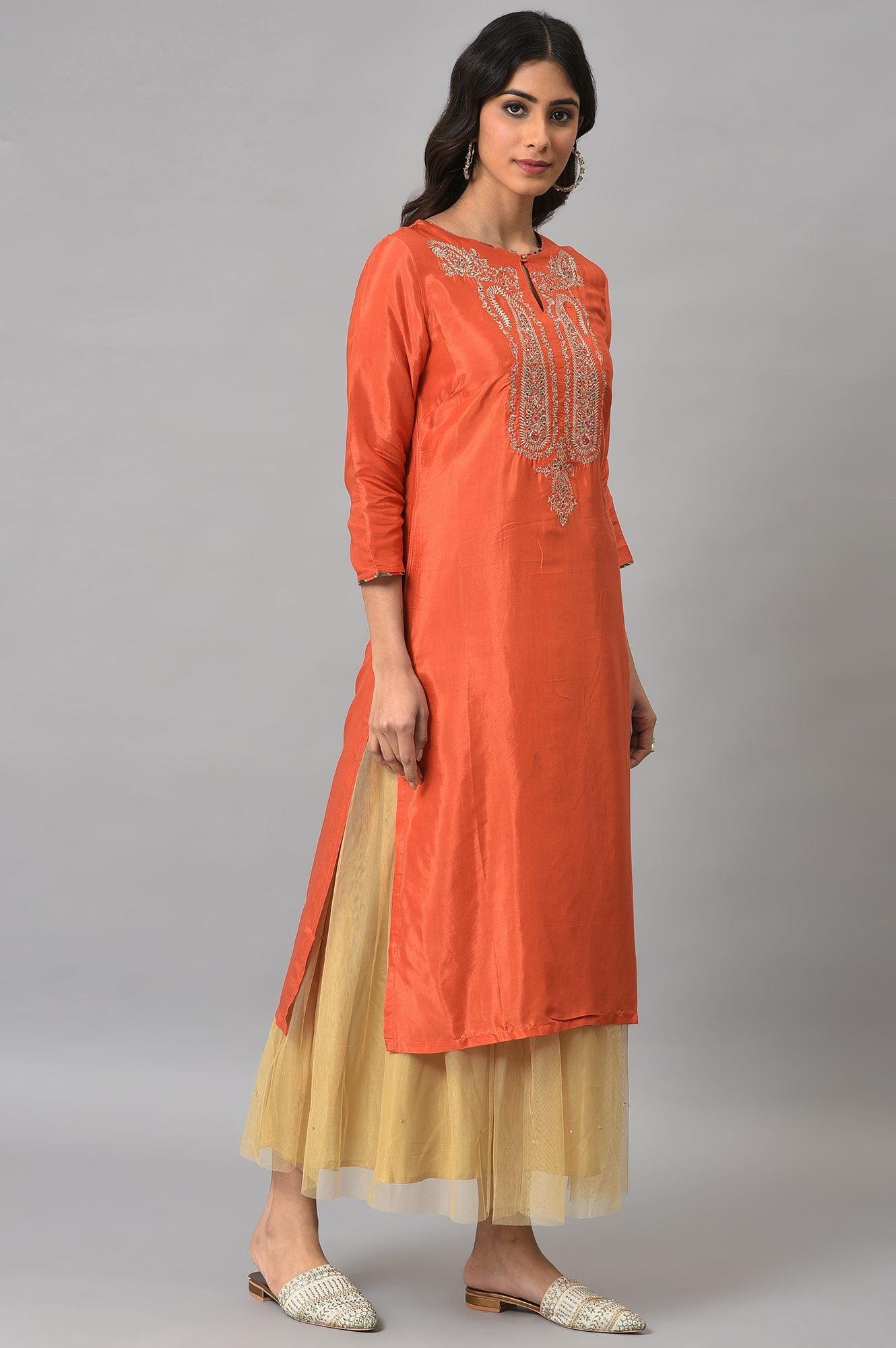 W for Woman Orange Embroidered Festive kurta With Golden Mesh Skirt