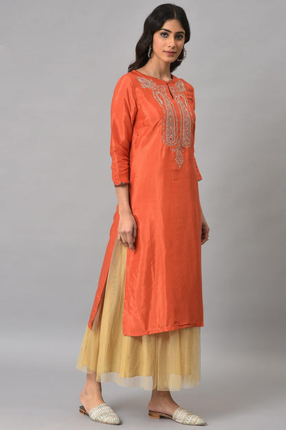 W for Woman Orange Embroidered Festive kurta With Golden Mesh Skirt