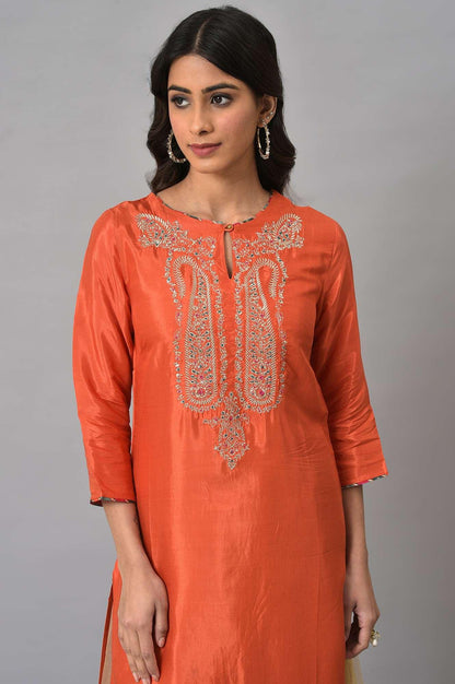 W for Woman Orange Embroidered Festive kurta With Golden Mesh Skirt