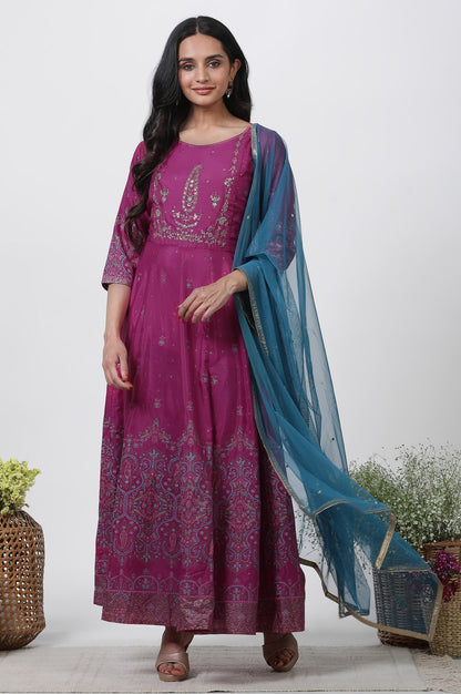 W for Woman Purple Embroidered Flared Dress And Dupatta Set