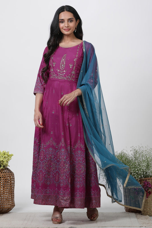W for Woman Purple Embroidered Flared Dress And Dupatta Set
