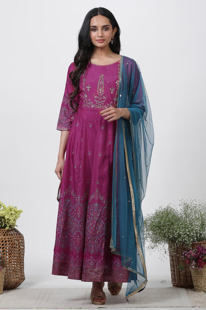 W for Woman Purple Embroidered Flared Dress And Dupatta Set