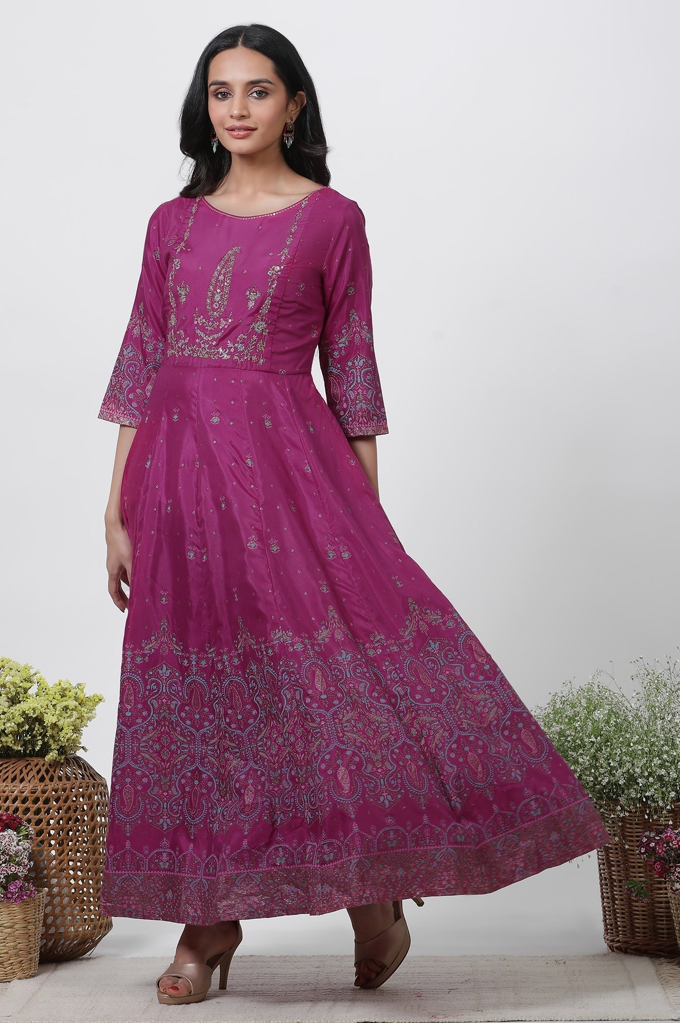W for Woman Purple Embroidered Flared Dress And Dupatta Set