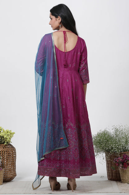 W for Woman Purple Embroidered Flared Dress And Dupatta Set