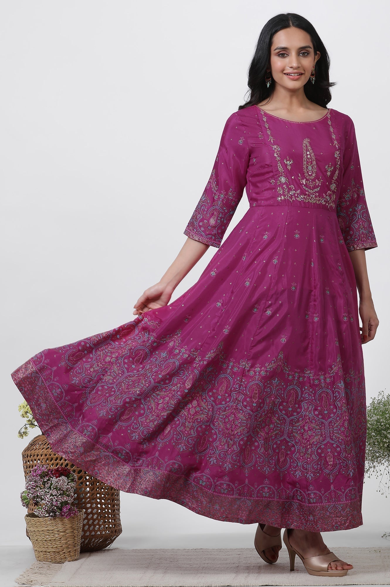 W for Woman Purple Embroidered Flared Dress And Dupatta Set