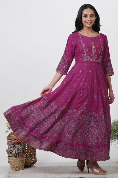 W for Woman Purple Embroidered Flared Dress And Dupatta Set