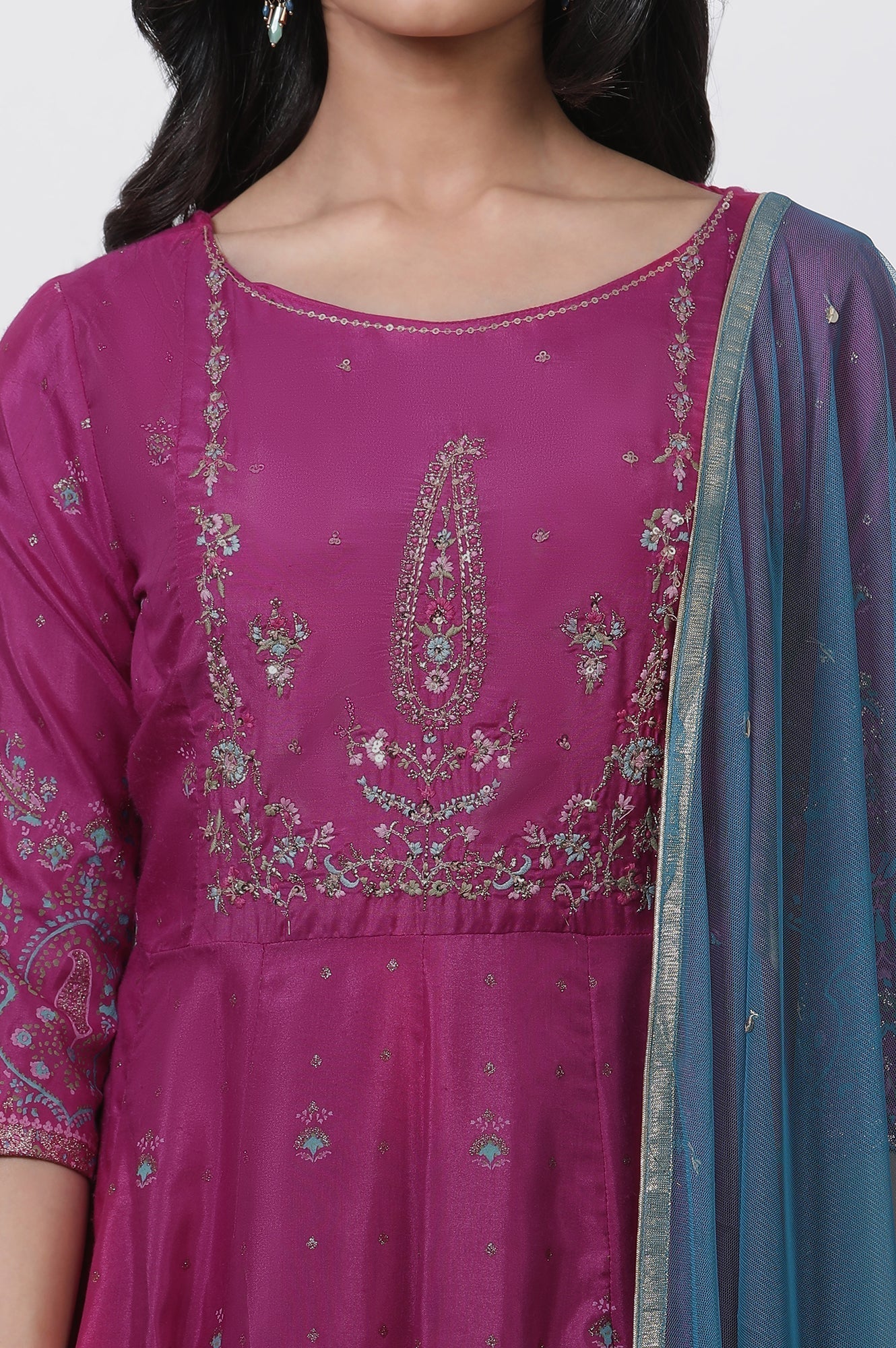 W for Woman Purple Embroidered Flared Dress And Dupatta Set