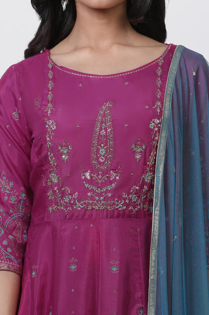 W for Woman Purple Embroidered Flared Dress And Dupatta Set