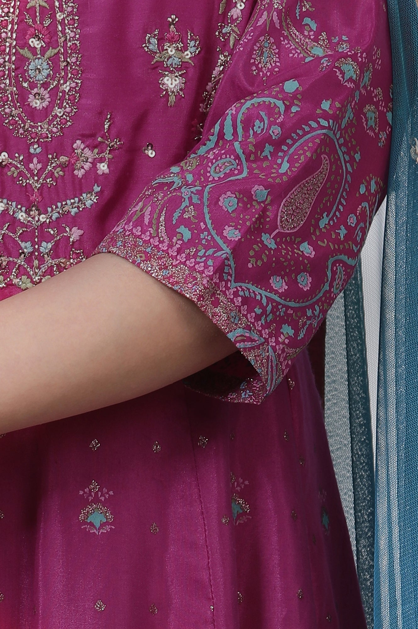 W for Woman Purple Embroidered Flared Dress And Dupatta Set
