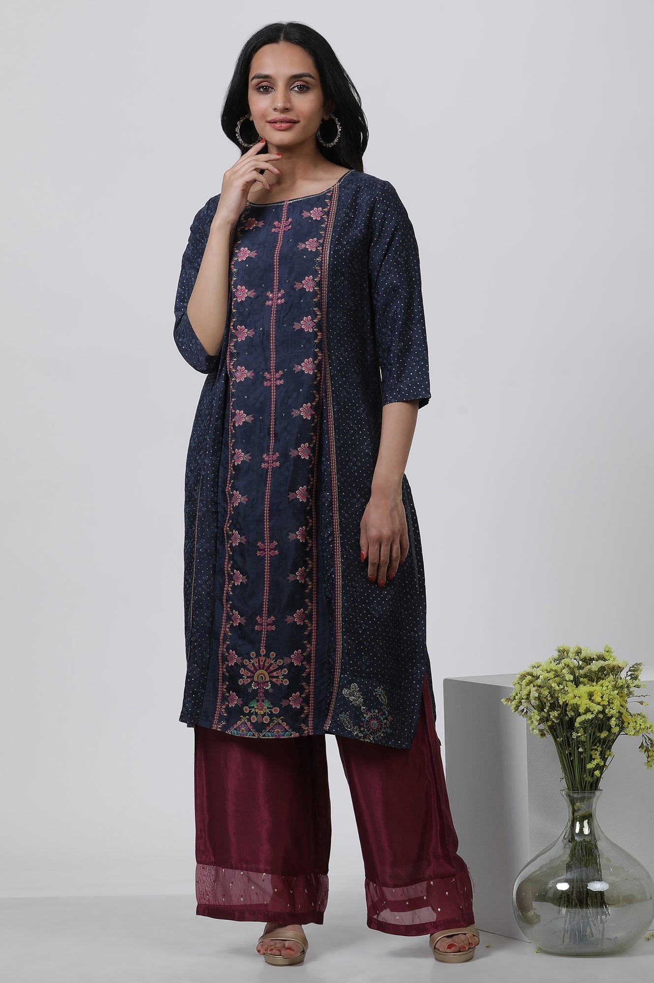 W for Woman Blue Mock Layered Kurta And Parallel Pants Set