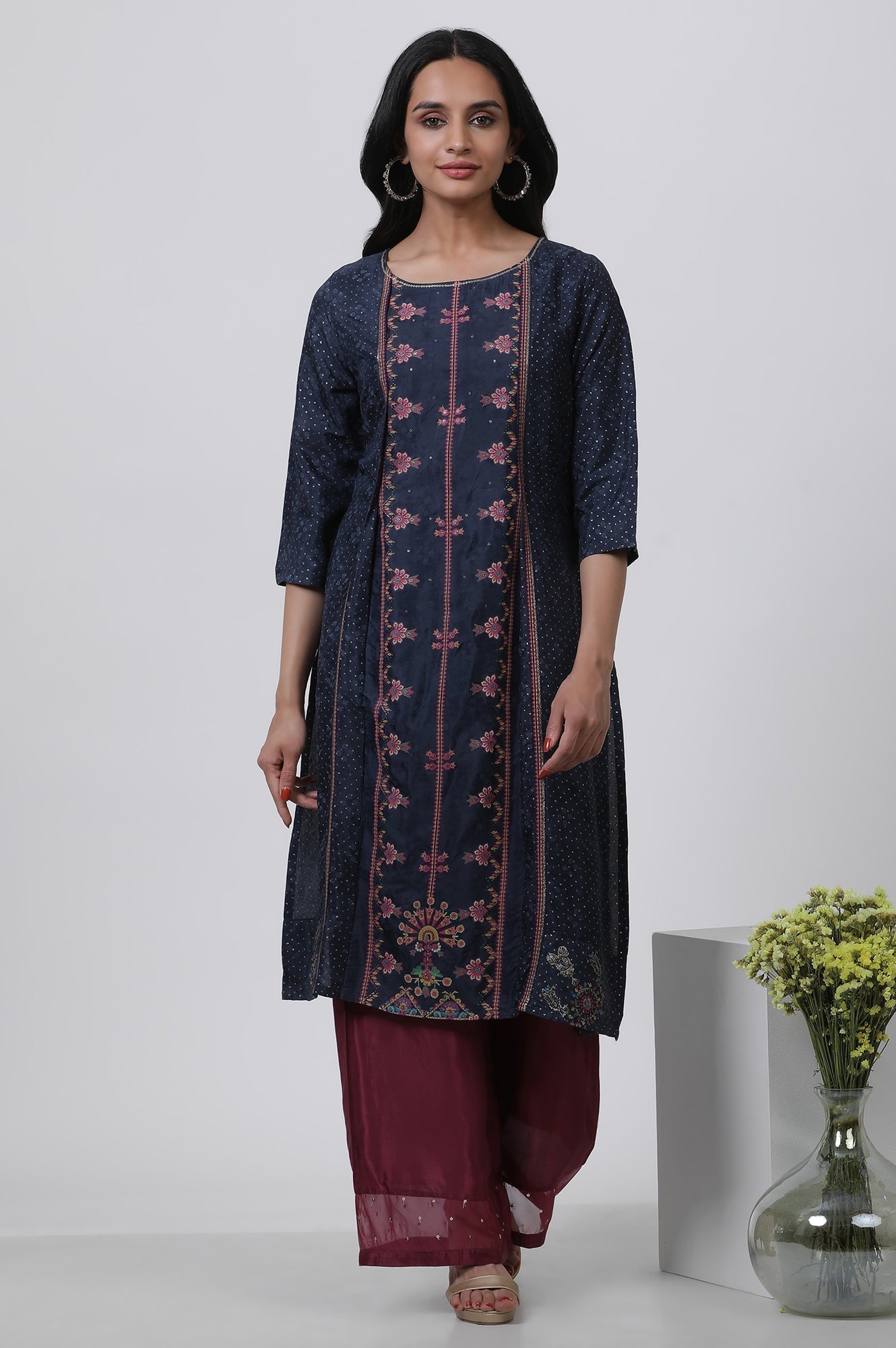 W for Woman Blue Mock Layered Kurta And Parallel Pants Set