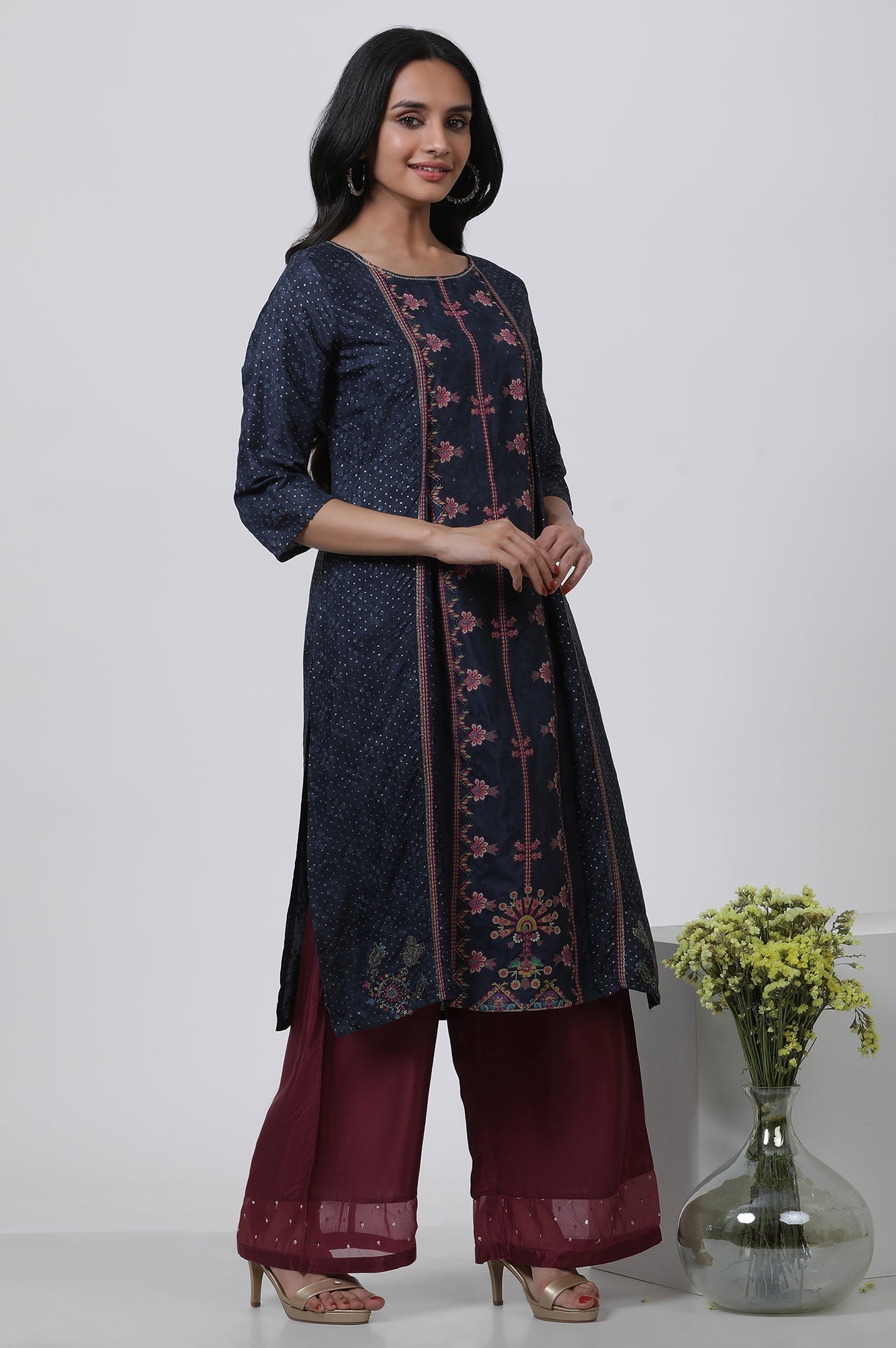 W for Woman Blue Mock Layered Kurta And Parallel Pants Set