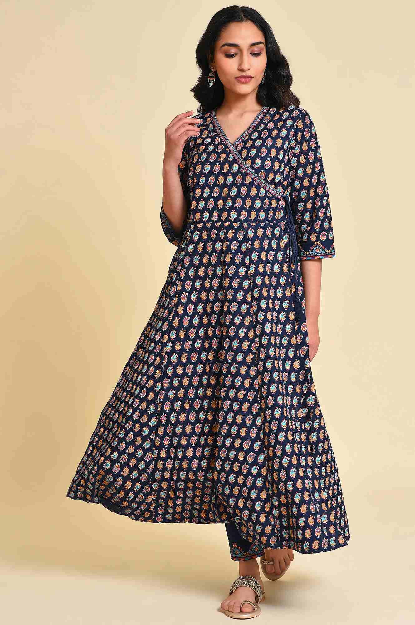 W for Woman Navy Blue Multicolor Printed Angrakha kurta Set