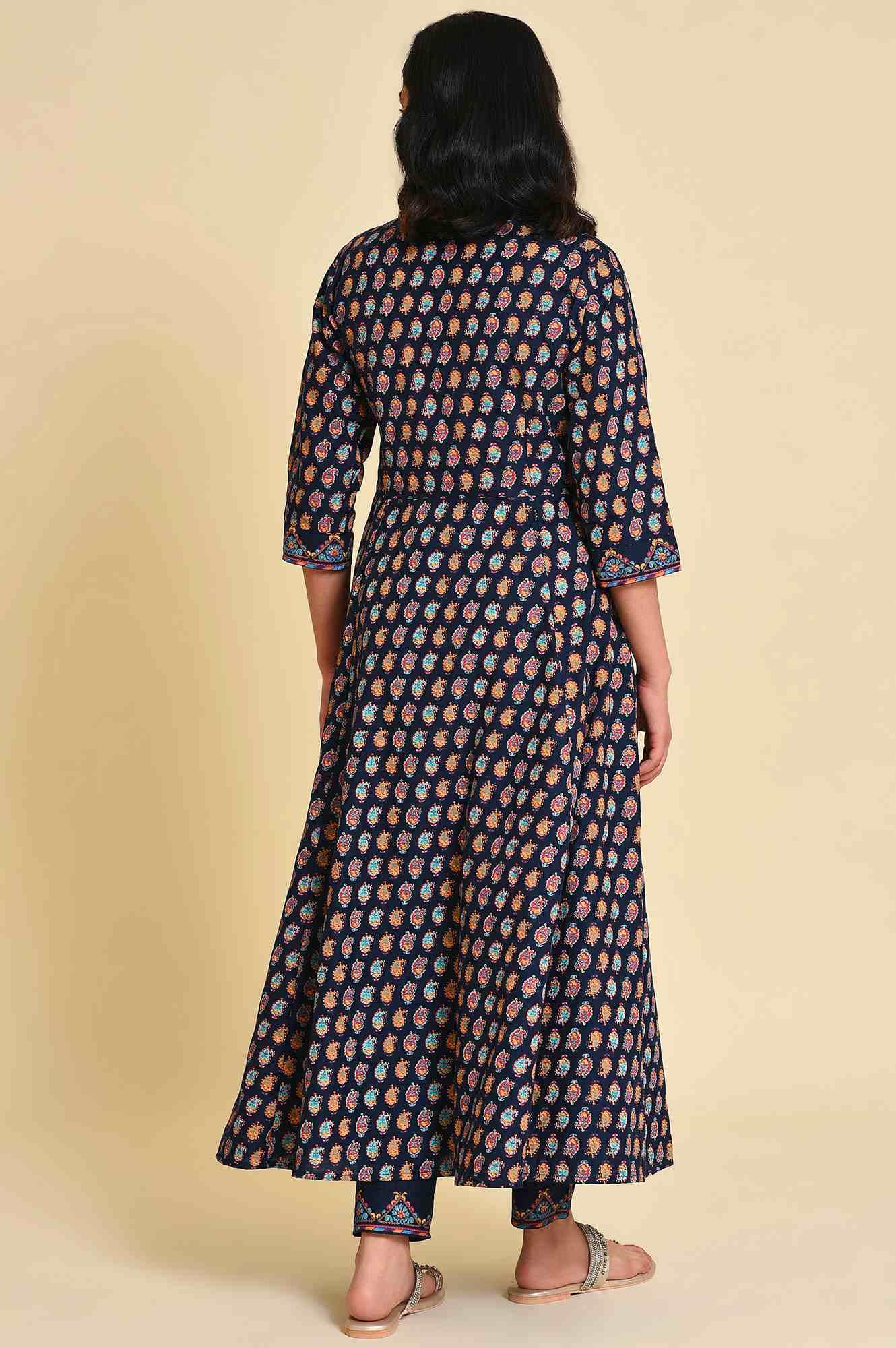W for Woman Navy Blue Multicolor Printed Angrakha kurta Set