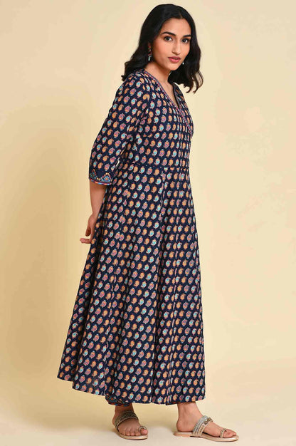 W for Woman Navy Blue Multicolor Printed Angrakha kurta Set