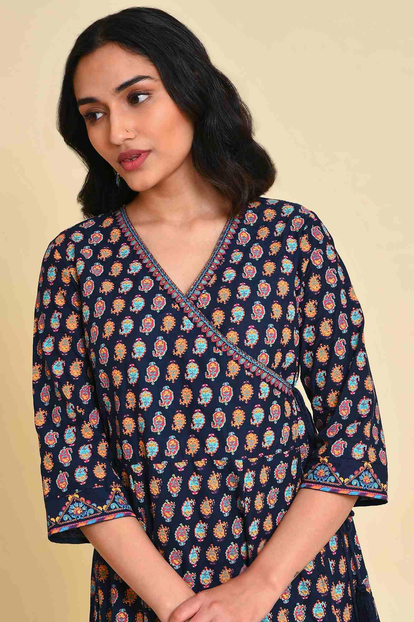 W for Woman Navy Blue Multicolor Printed Angrakha kurta Set