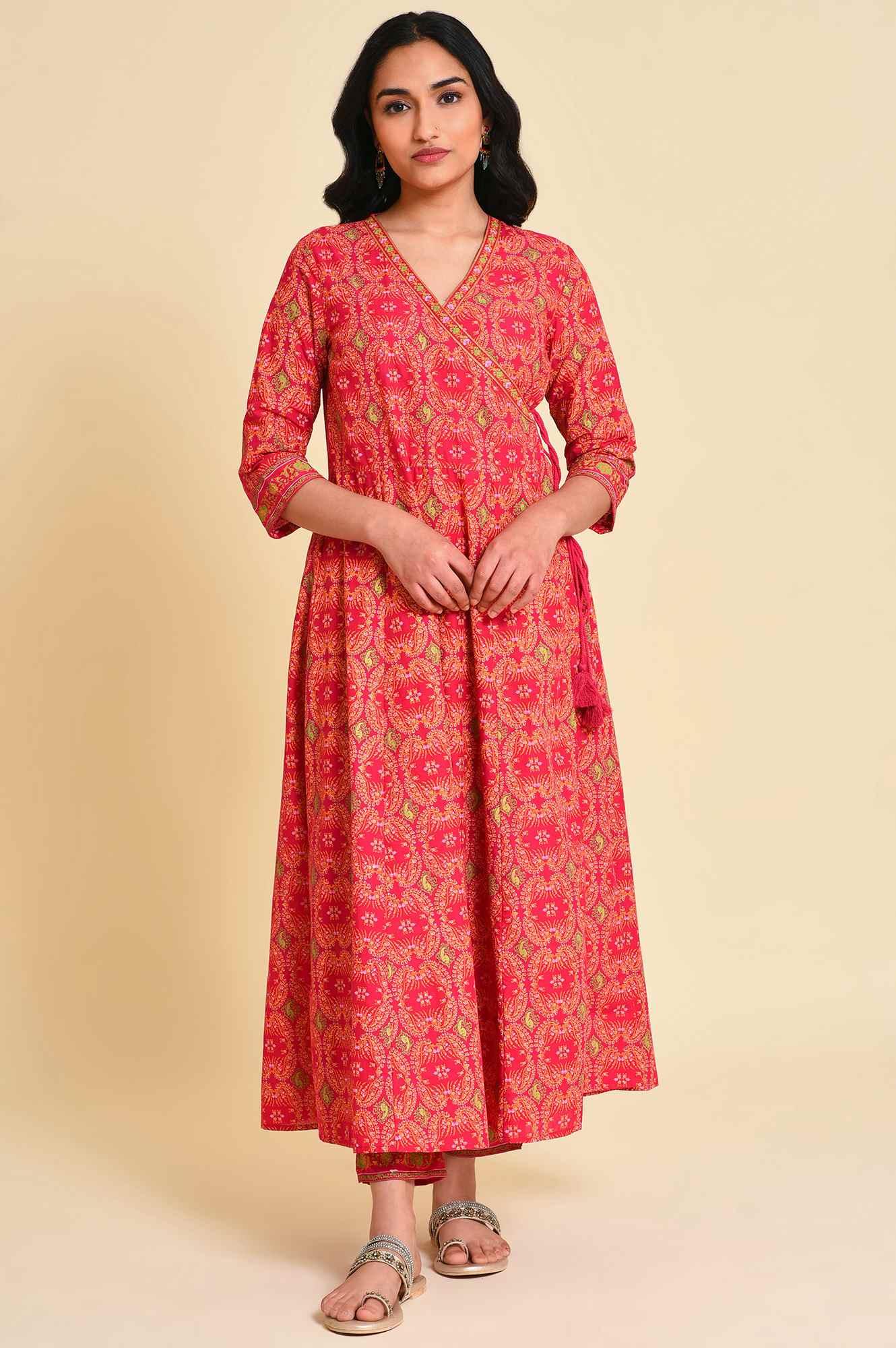 W for Woman Pink Multicolor Printed Angrakha kurta Set