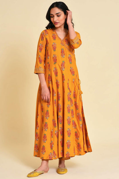 W for Woman Yellow Multicolor Printed Angrakha kurta Set