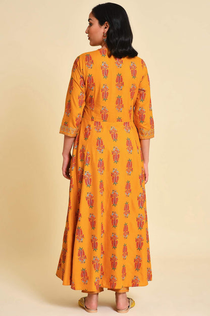 W for Woman Yellow Multicolor Printed Angrakha kurta Set