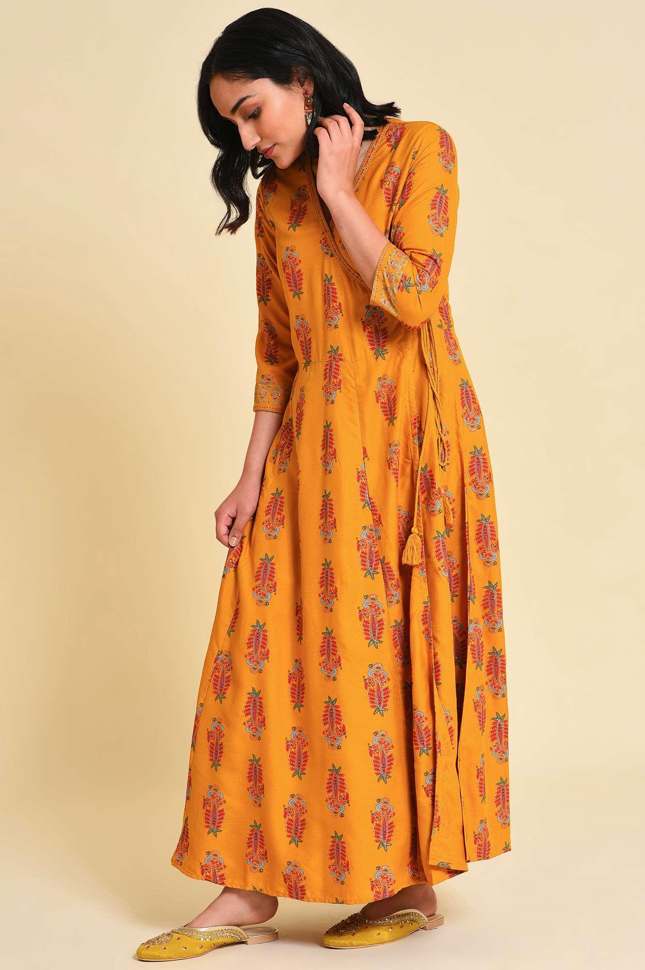 W for Woman Yellow Multicolor Printed Angrakha kurta Set