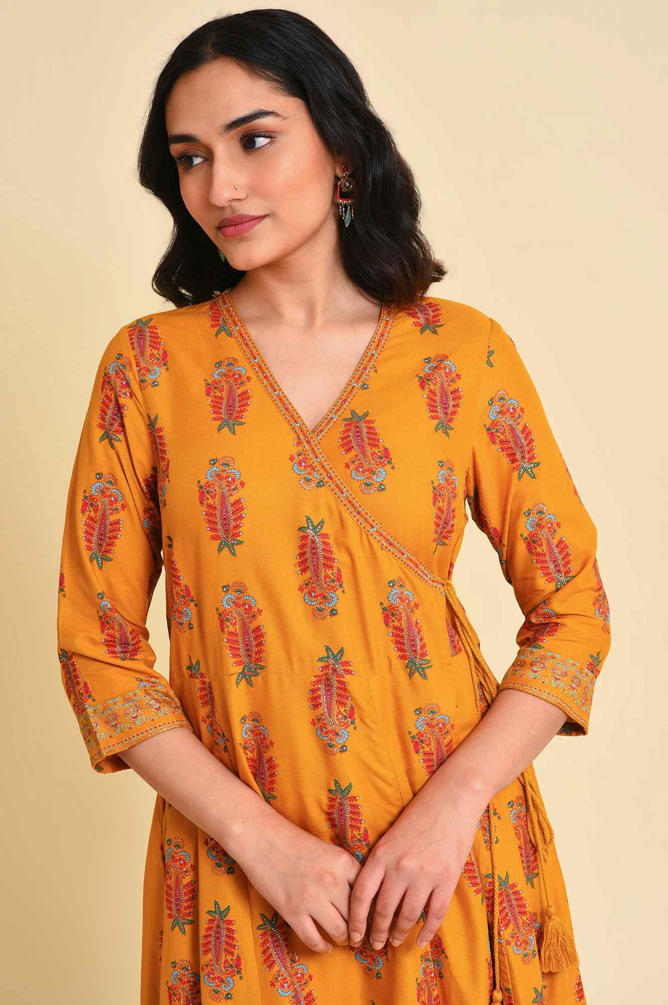 W for Woman Yellow Multicolor Printed Angrakha kurta Set