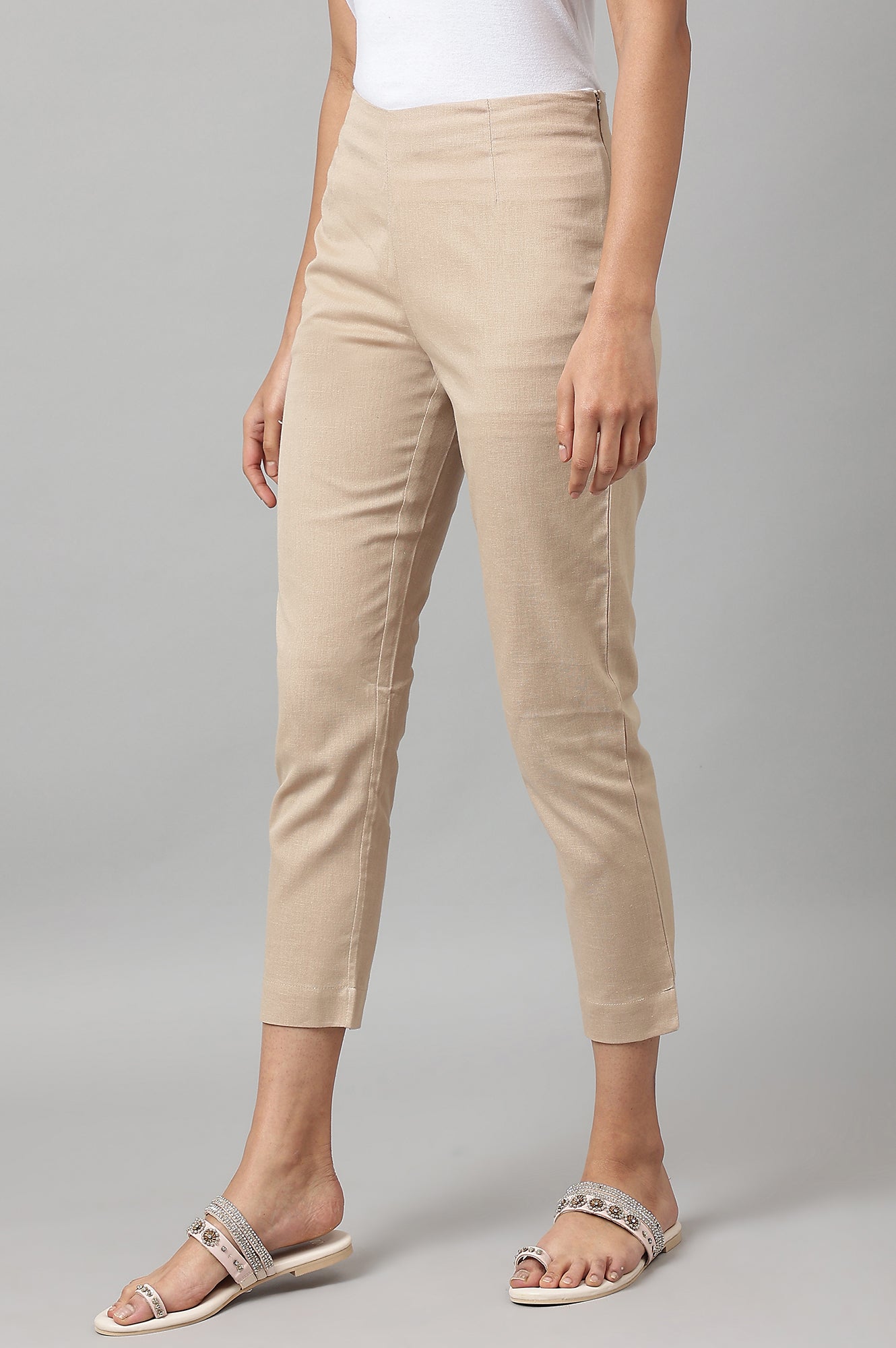 W for Woman Beige Slim Ankle Length Pants