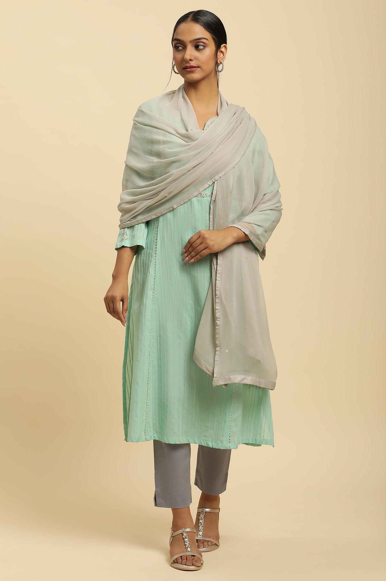 W for Woman Silver Chiffon Dupatta