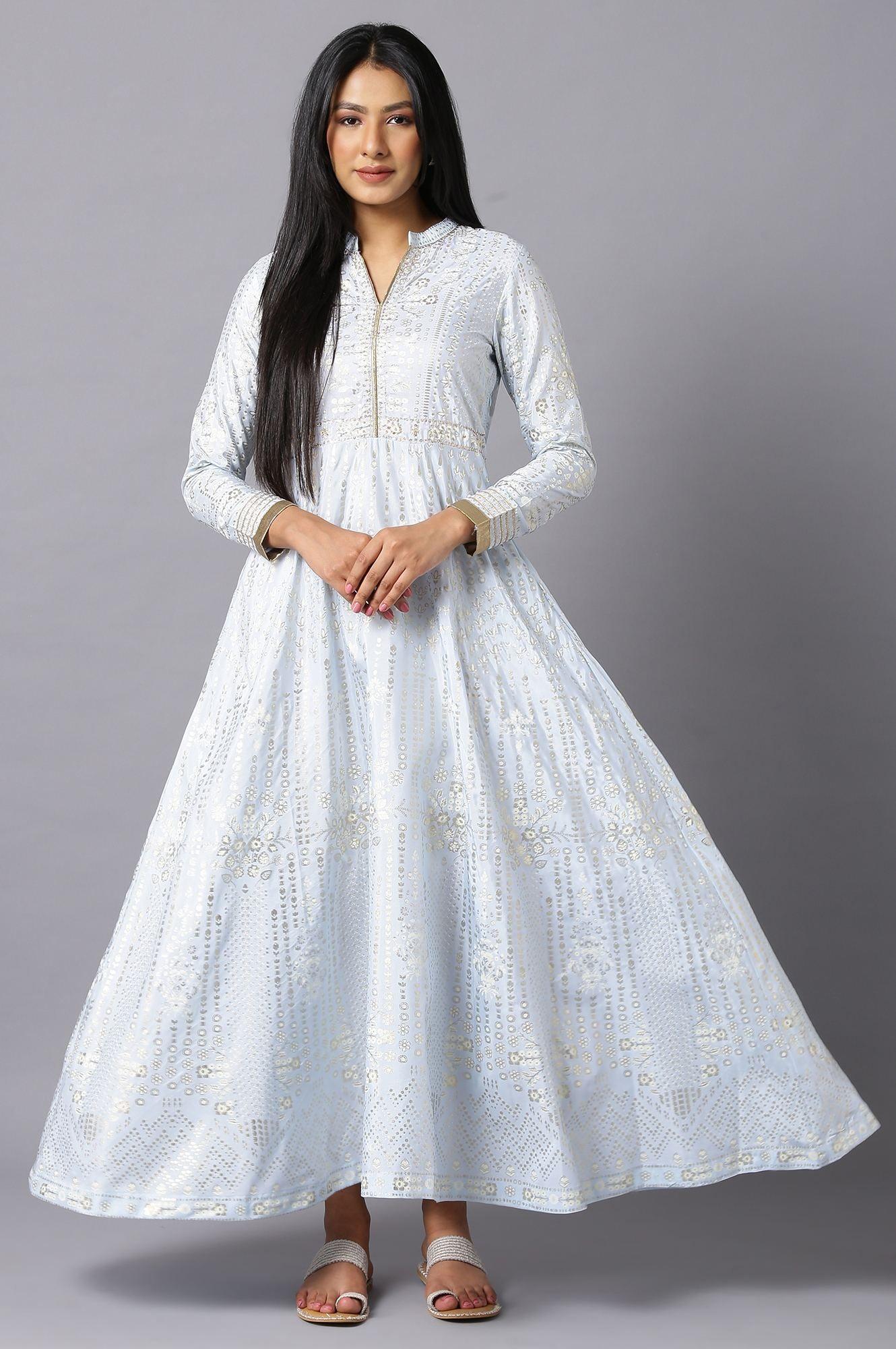 W for Woman Sky Blue Cotton Flared Placement-Print Midi Dress