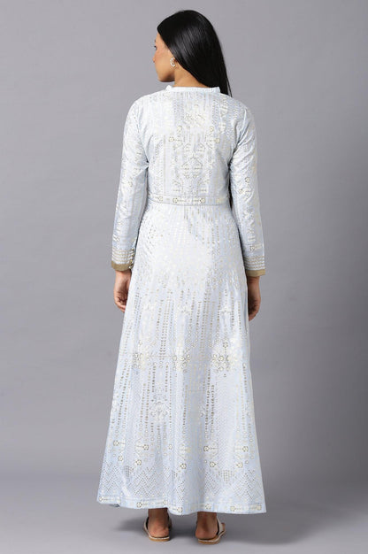 W for Woman Sky Blue Cotton Flared Placement-Print Midi Dress