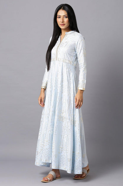 W for Woman Sky Blue Cotton Flared Placement-Print Midi Dress