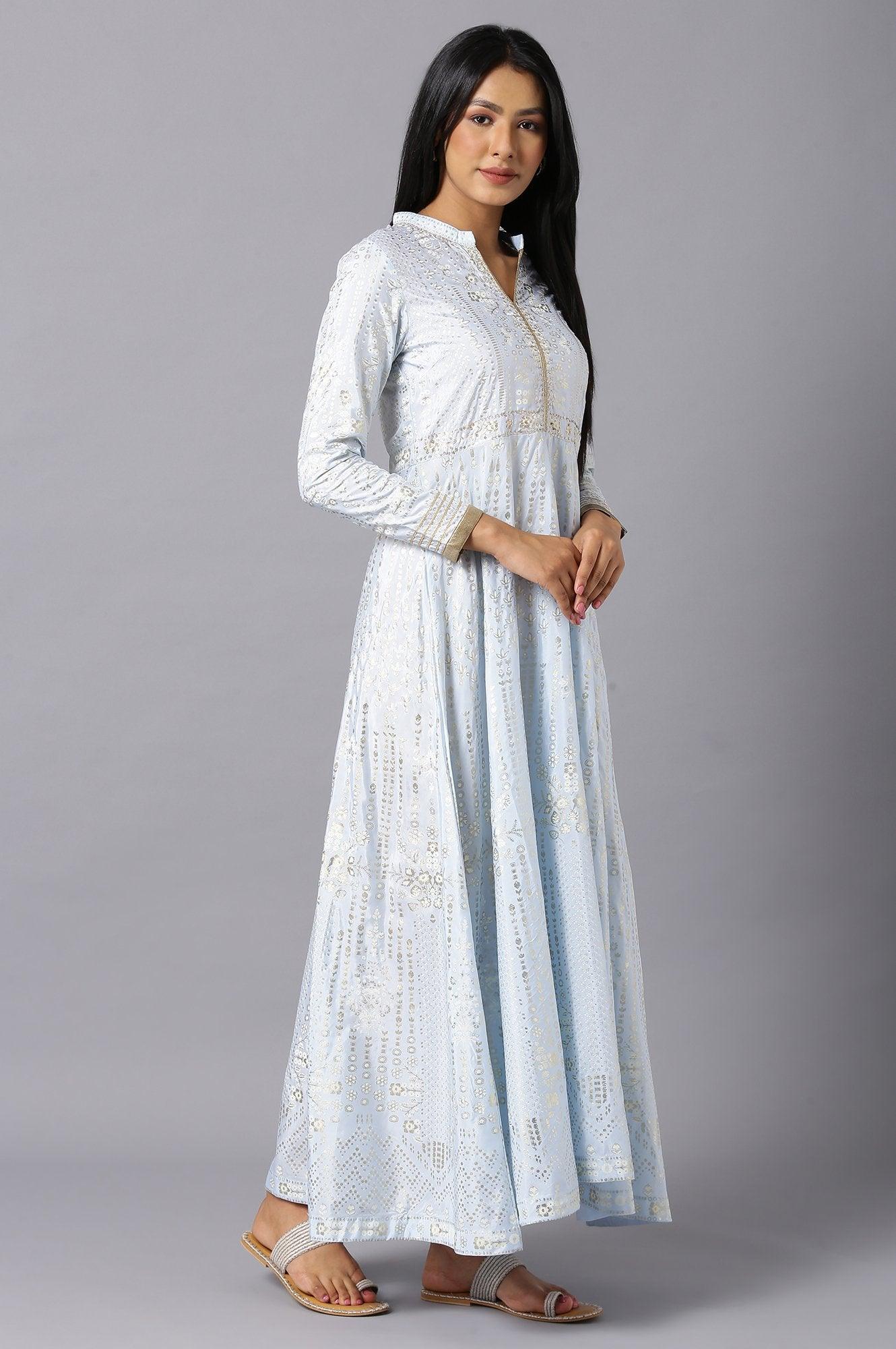 W for Woman Sky Blue Cotton Flared Placement-Print Midi Dress