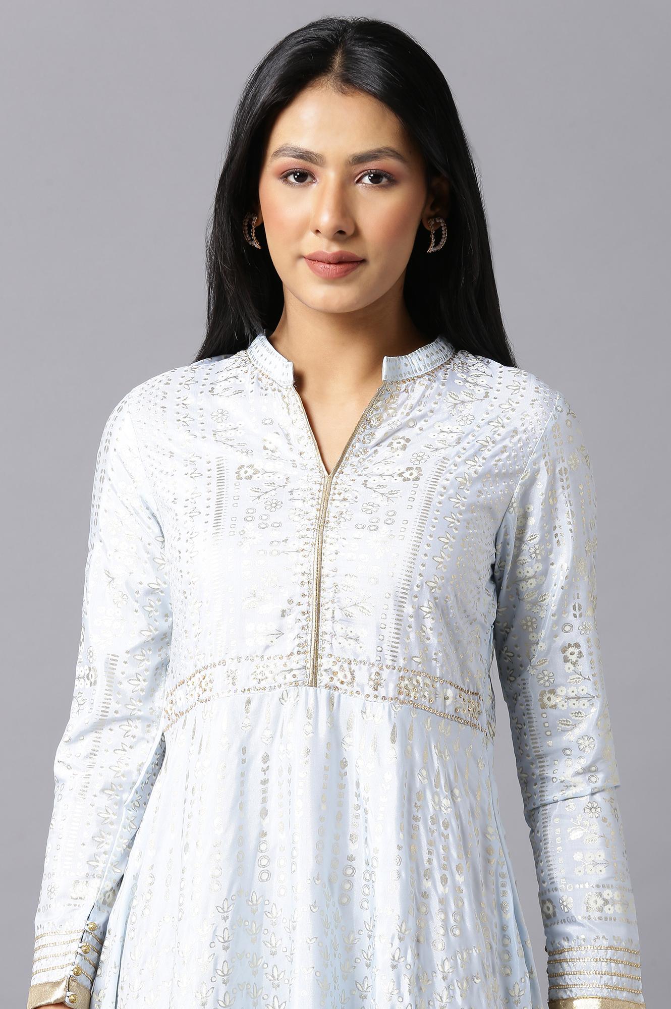 W for Woman Sky Blue Cotton Flared Placement-Print Midi Dress
