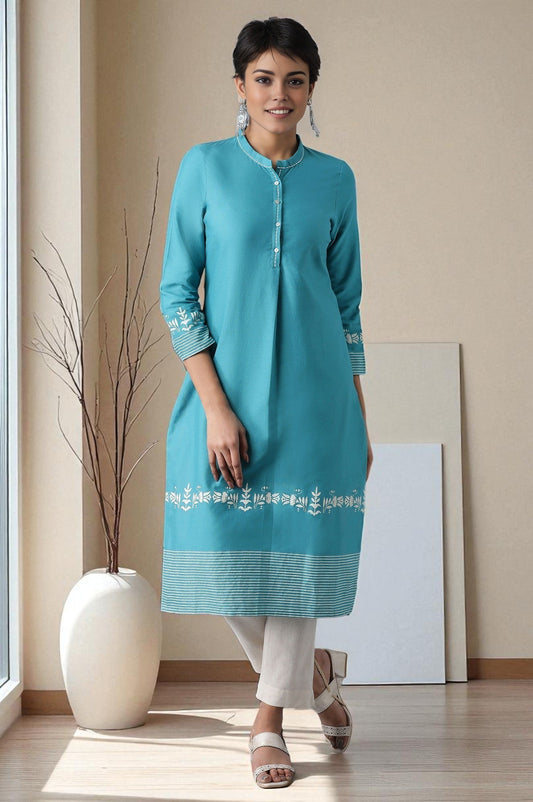W for Woman Teal Flora Print Straight kurta in Mandarin Collar