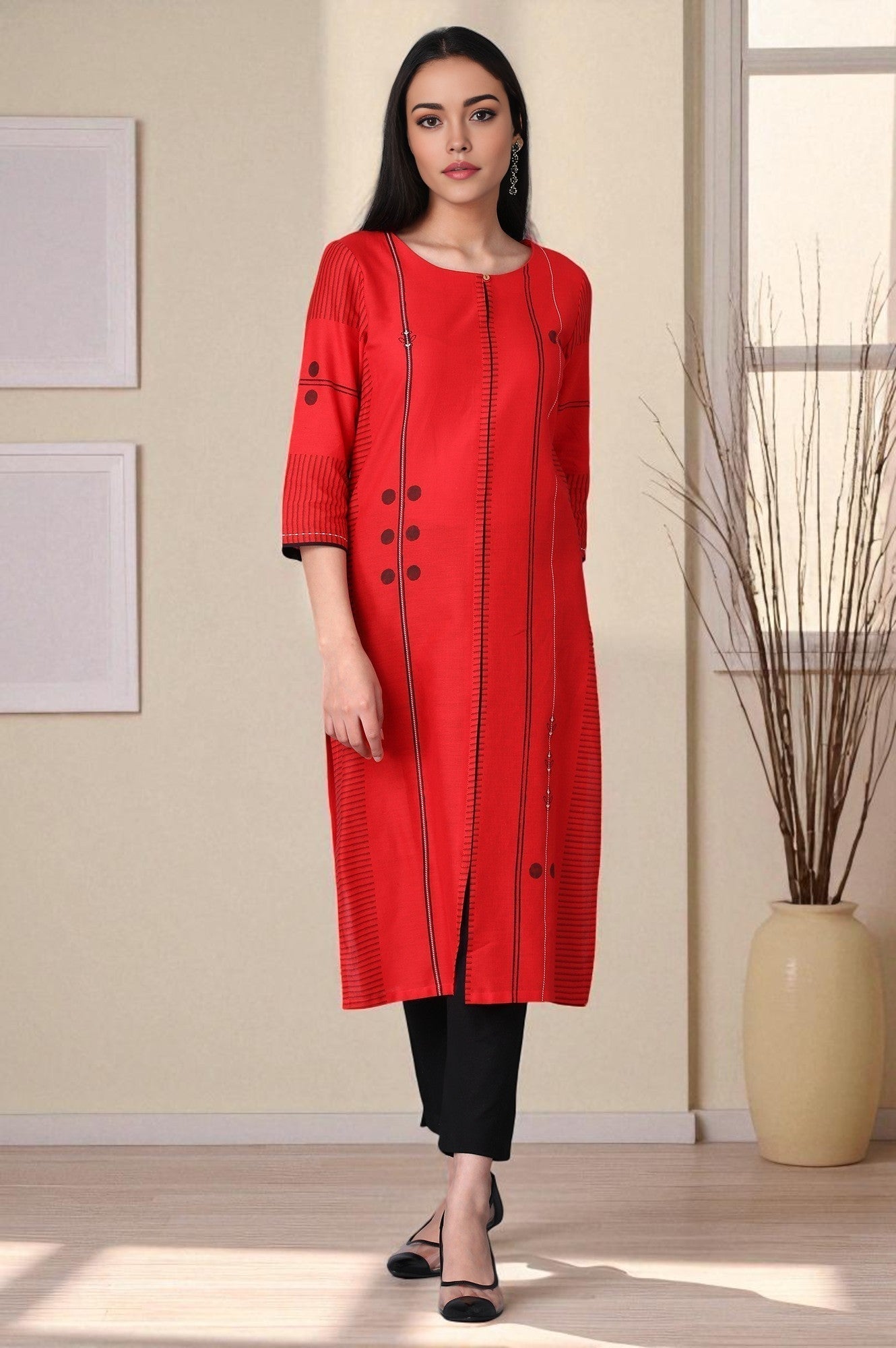 W for Woman Red Geometric Print Straight kurta in Boat Neck