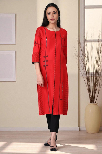 W for Woman Red Geometric Print Straight kurta in Boat Neck