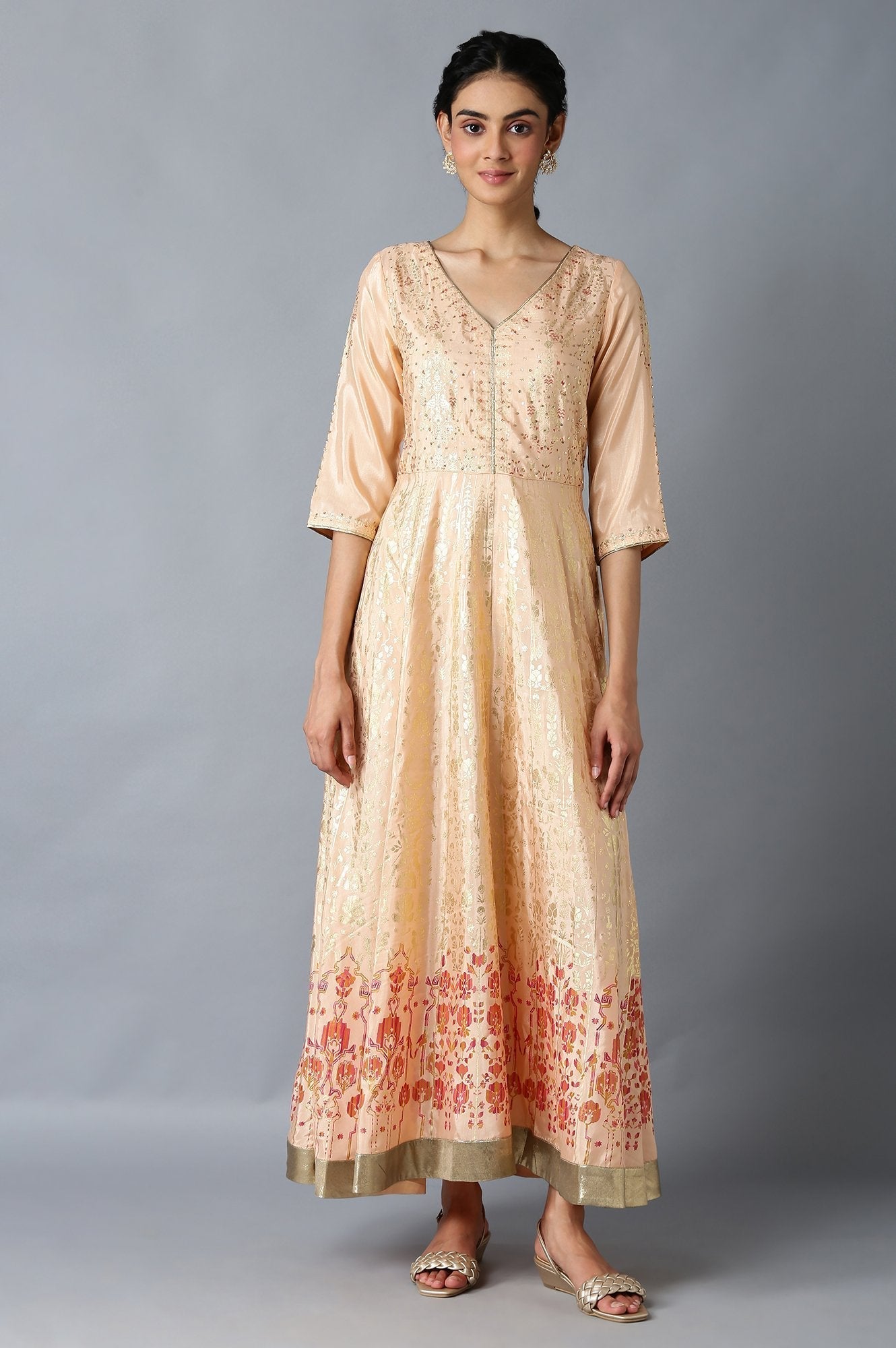 W for Woman Peach Floral Printed Long Flared Dress