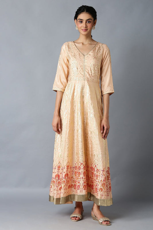 W for Woman Peach Floral Printed Long Flared Dress
