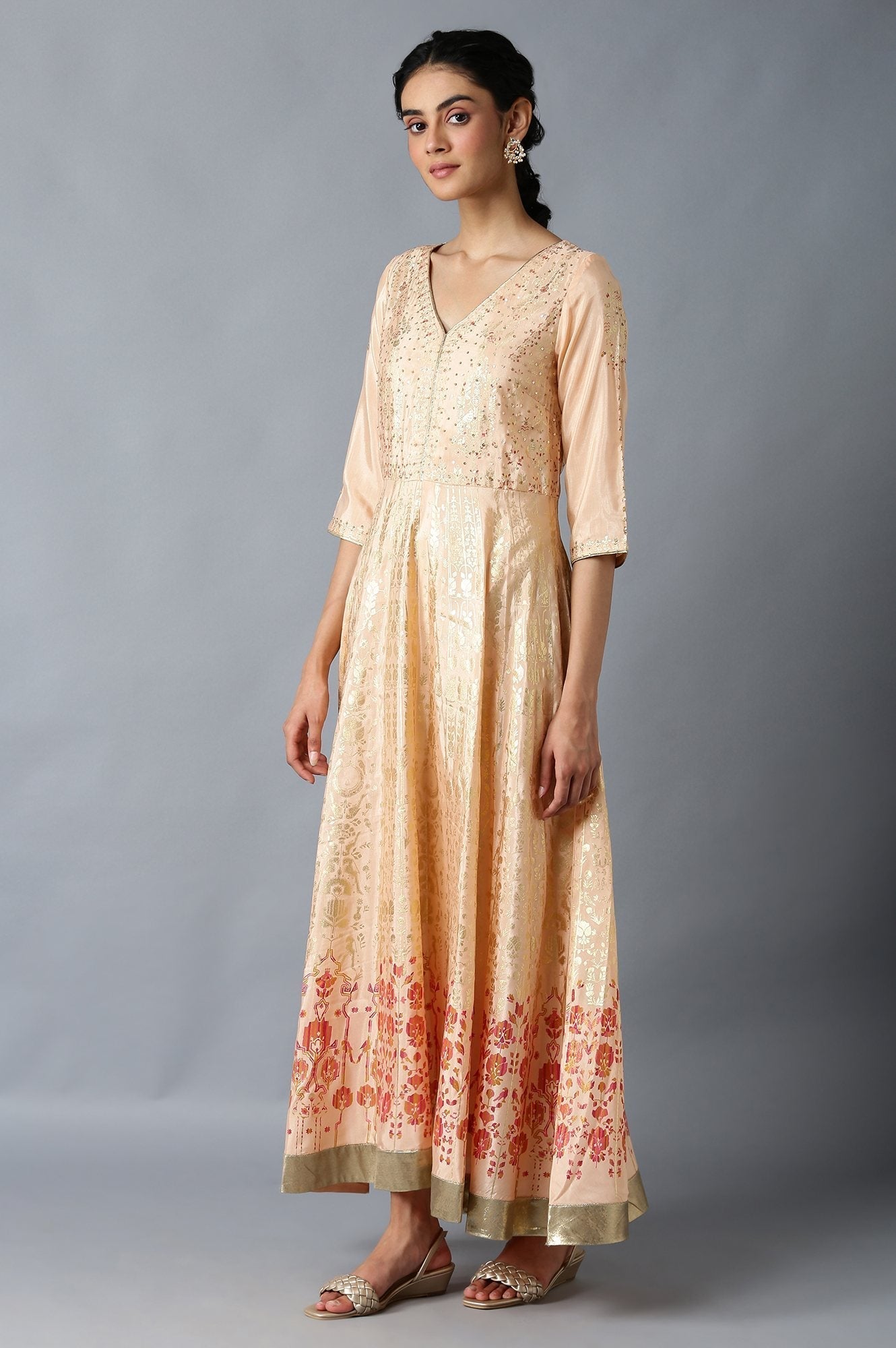 W for Woman Peach Floral Printed Long Flared Dress