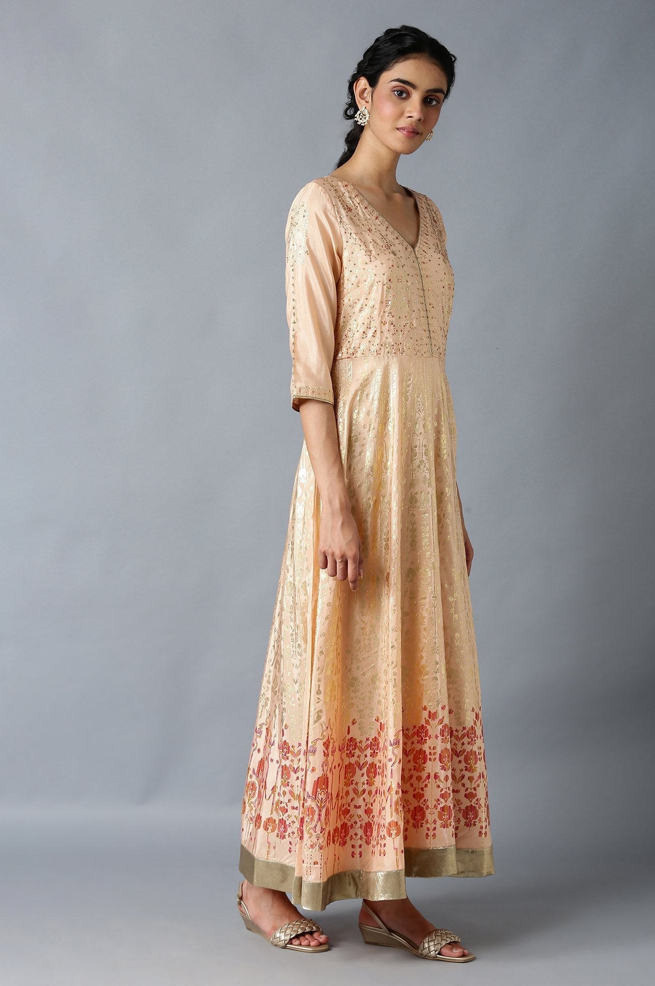 W for Woman Peach Floral Printed Long Flared Dress
