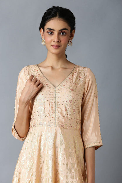 W for Woman Peach Floral Printed Long Flared Dress