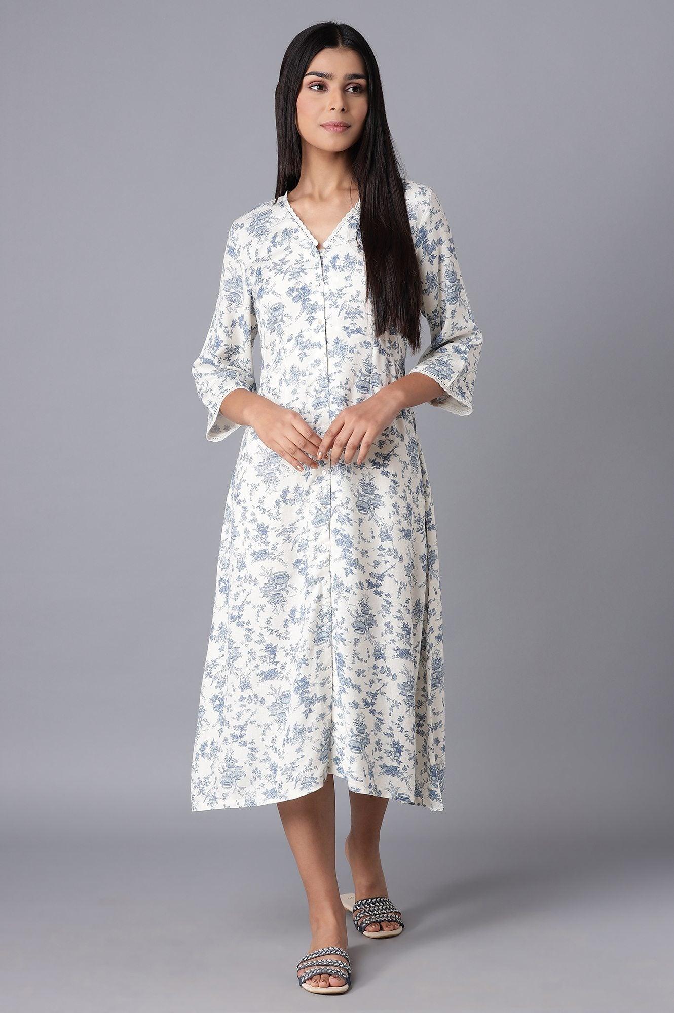 W for Woman White Cotton Midi Dress with Blue Print