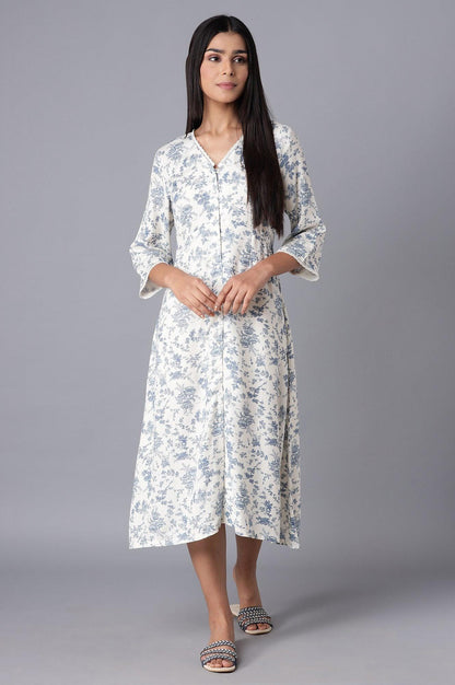W for Woman White Cotton Midi Dress with Blue Print