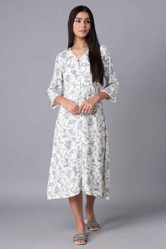 W for Woman White Cotton Midi Dress with Blue Print
