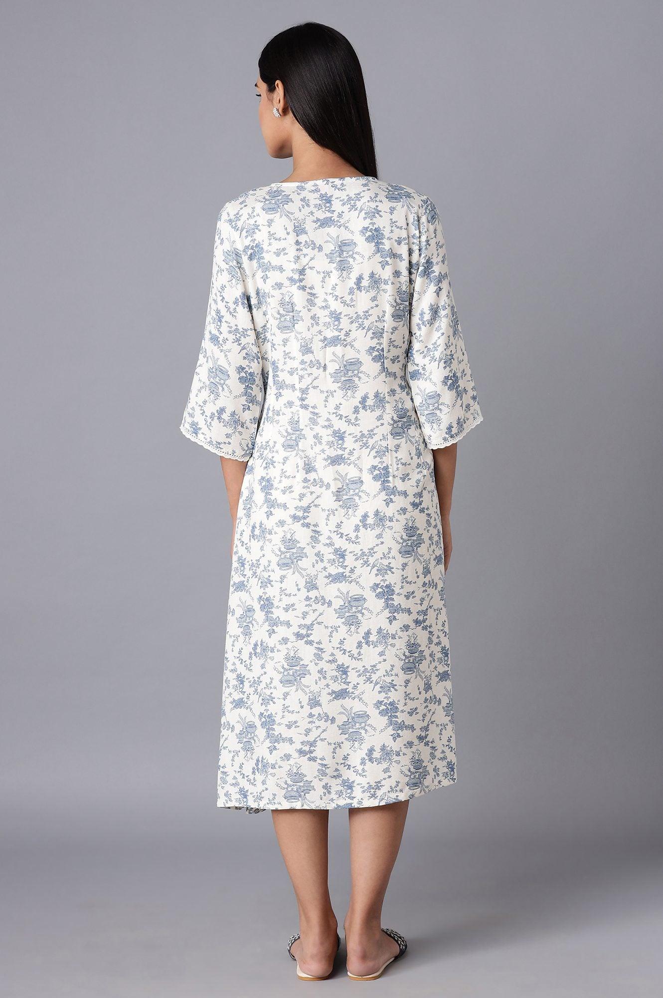 W for Woman White Cotton Midi Dress with Blue Print