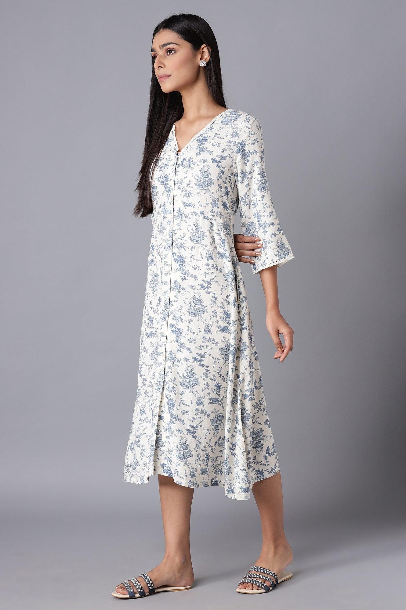 W for Woman White Cotton Midi Dress with Blue Print