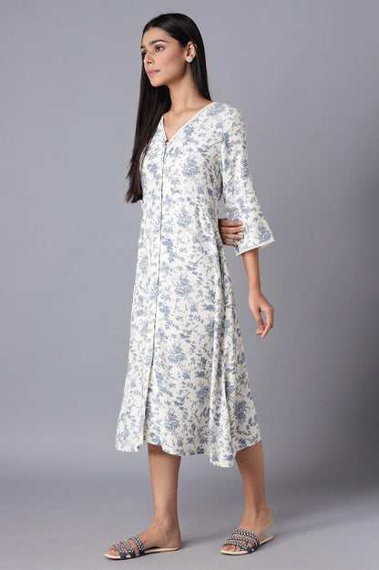 W for Woman White Cotton Midi Dress with Blue Print