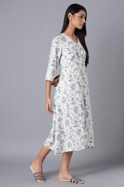 W for Woman White Cotton Midi Dress with Blue Print