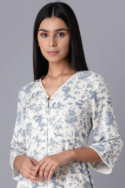 W for Woman White Cotton Midi Dress with Blue Print